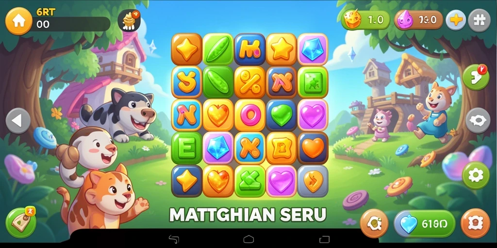 Screenshot gameplay 6RT yang menunjukkan aksi mencocokkan permata.