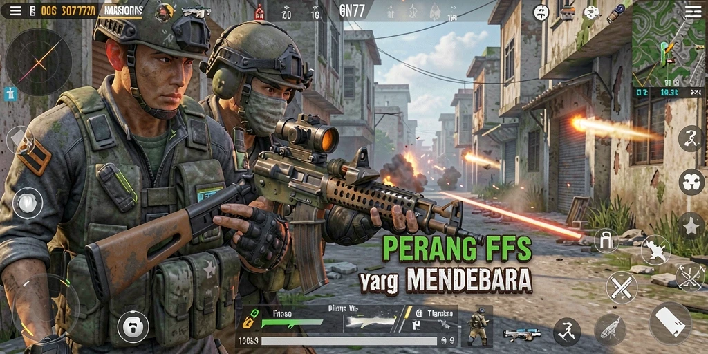Screenshot GN777 menampilkan aksi tembak-menembak intens di medan perang.