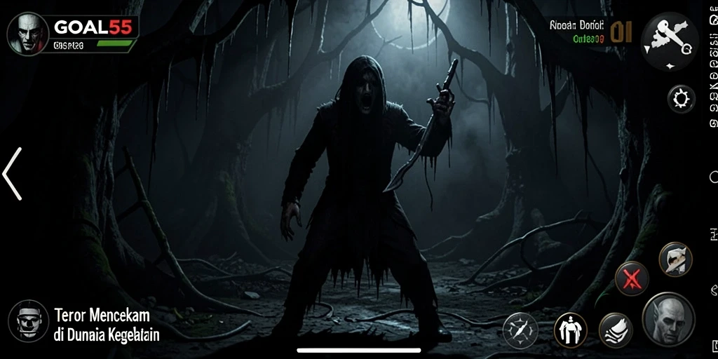 Tampilan gameplay <strong>GOAL55</strong> yang mencekam dengan suasana angker dan menakutkan.
