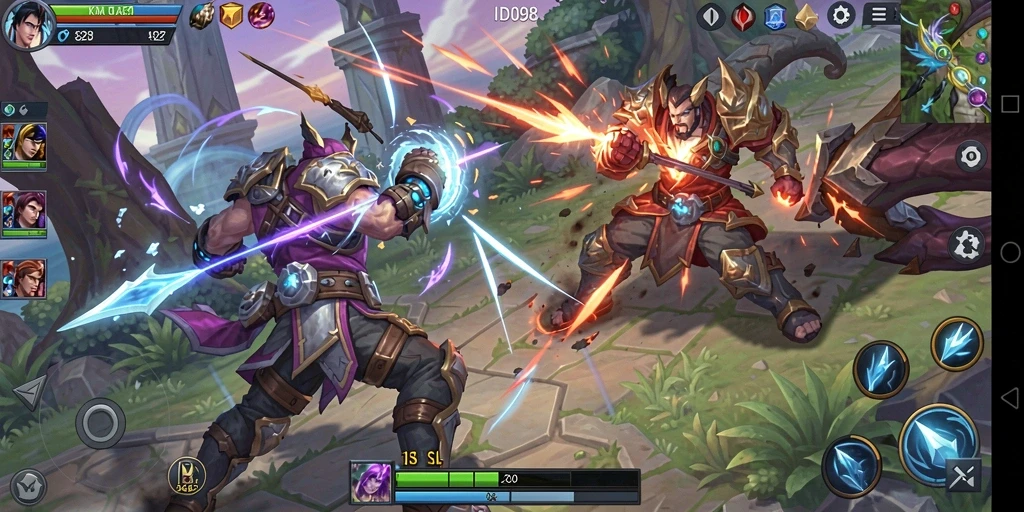 Tangkapan layar gameplay epik dalam <strong>ID098</strong> menunjukkan pertempuran intens di arena MOBA.