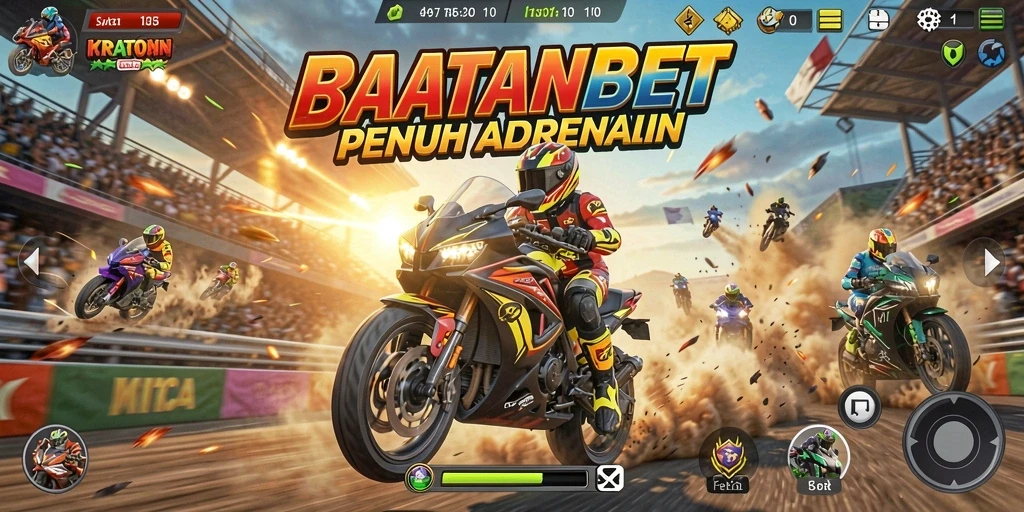 Tampilan gameplay KRATONBET yang penuh aksi balapan motor.