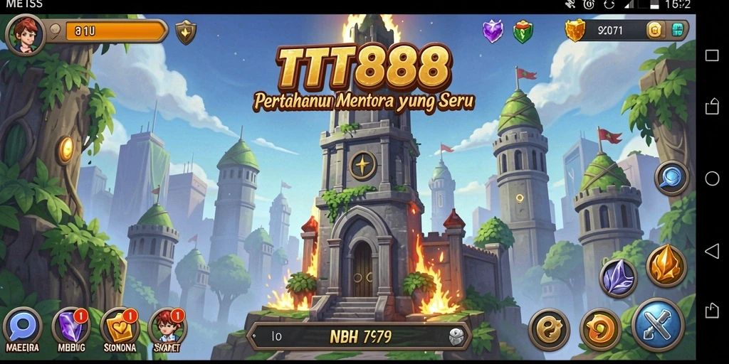 Tampilan gameplay menara pertahanan yang intens dan berwarna dari TTT888.